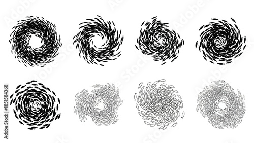 Arrangement of swirling abstract black and gray circular patterns on a white background