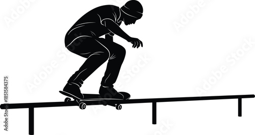 Skateboard trick silhouette, rail stunt vector, urban sport illustration, black design, balance pose, dynamic 