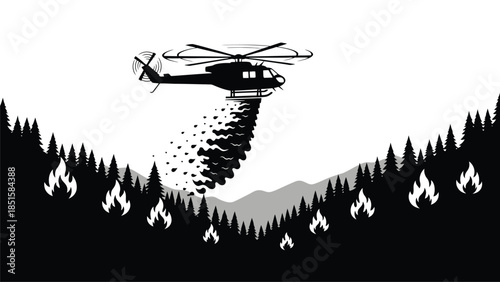 Helicopter battling a wildfire over a forested mountain landscape