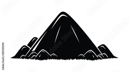 Simple black and white illustration of a mountain with grassy base
