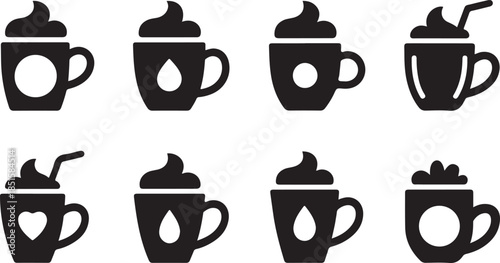Hot chocolate simple vector icon set. christmas silhouette icons on black color and white background