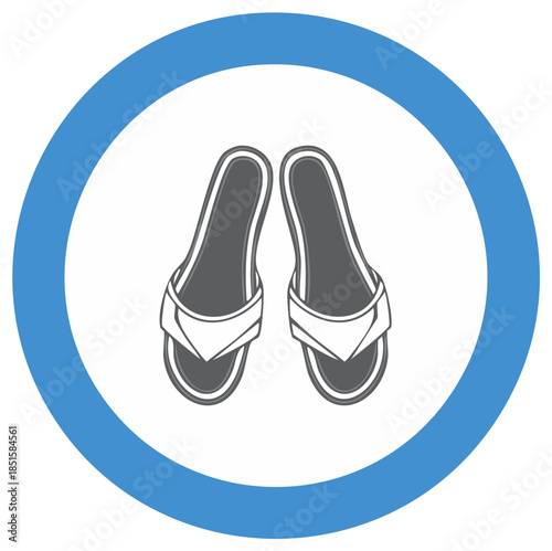 Pair of sandals illustration in blue circle. Summer footwear vector isolated on white background. Holiday vacation fashion concept.