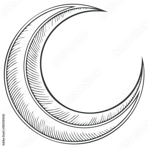 Elegant celestial crescent moon hand drawn illustration with vintage engraving style shading