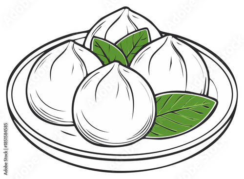 Illustration of steamed baozi dumplings with basil leaves on a plate