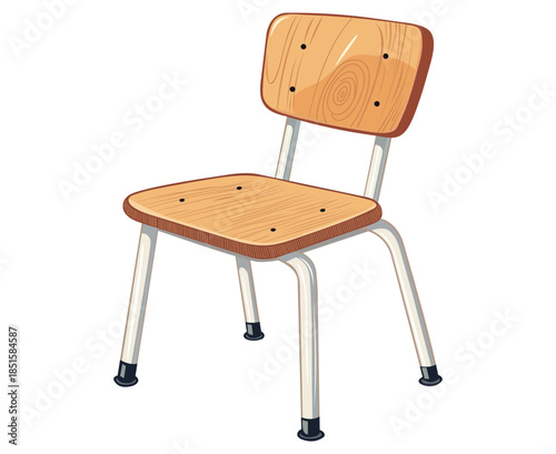 Simple wooden chair with metal legs isolated on a plain white background