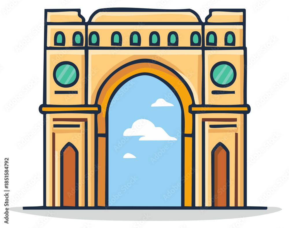 Fototapeta premium Stylized building illustration with arched gateway and blue sky view