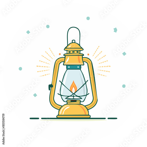 Illuminated vintage kerosene lamp with flame and light rays