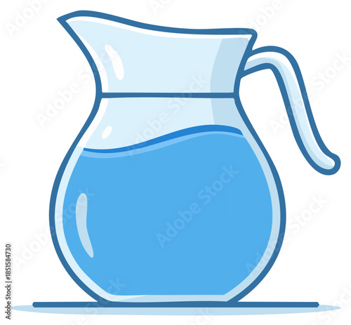 Cartoon glass pitcher filled with clear blue liquid and a wavy surface