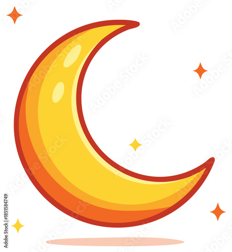 Yellow Crescent Moon with Starry Details Shining Brightly in Night Sky Illustration