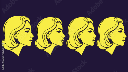 Four stylized profiles of a woman's head are shown in a repeating pattern.