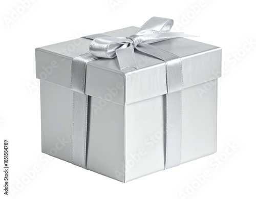 Silver gift box with satin ribbon bow, elegantly wrapped