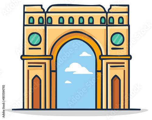 Stylized building illustration with arched gateway and blue sky view
