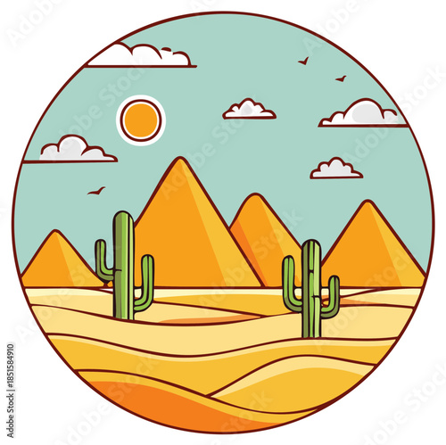 Stylized cartoon desert landscape with cacti mountains and sun in a circular illustration