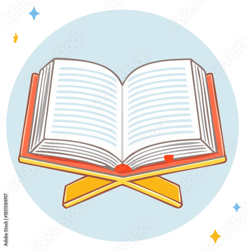 Stylized open Quran holy book resting on a traditional wooden rehal stand vector illustration