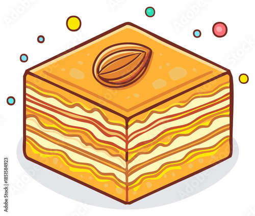 Sweet layered baklava pastry with an almond on top cartoon vector illustration