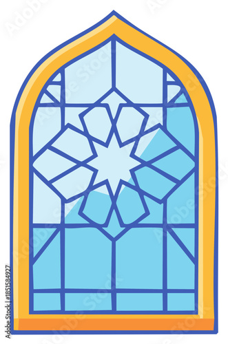 Islamic geometric patterned arched window with blue glass and golden frame