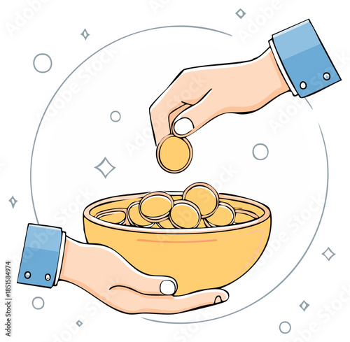 Hand dropping golden coin into a bowl held by another hand, showing charity and financial contribution.