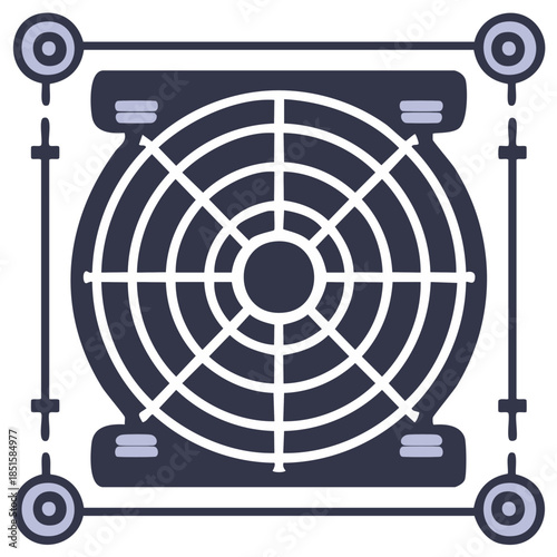 Cooling Fan Unit Graphic with Circular Grid in Square Frame Simple Design