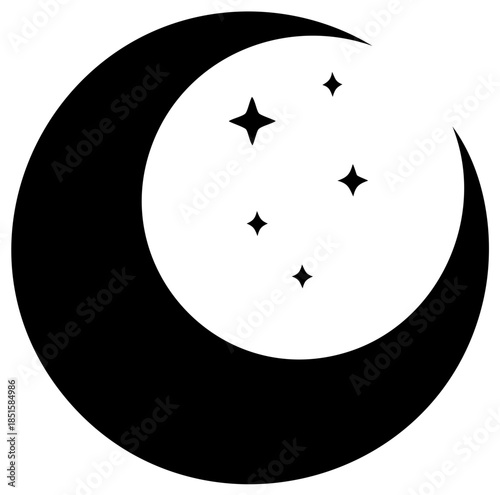 Graphic crescent moon alongside a scattering of four stars, symbol of dreams and night with celestial shape