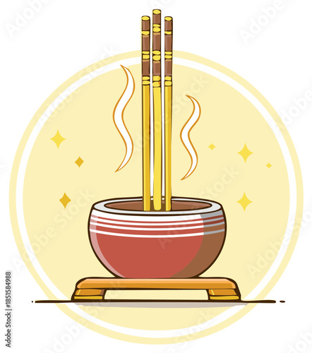 Traditional Incense Sticks Burning in Red Bowl with Smoke, Spiritual Offering and Meditation