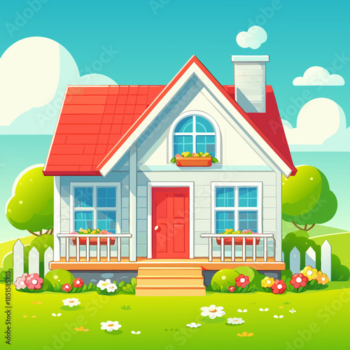 A charming little cartoon house with a vibrant red roof and lush green surroundings