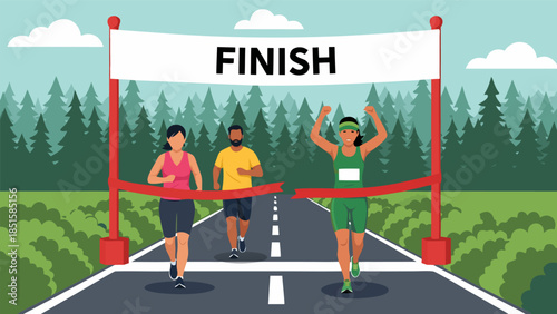 Diverse group of runners crossing the finish line in a marathon, celebrating success and achievement in an outdoor race event