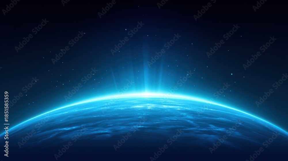 Fototapeta premium Stunning view of Earth’s horizon illuminated by soft blue light against a dark starry background, depicting the beauty of our planet in space