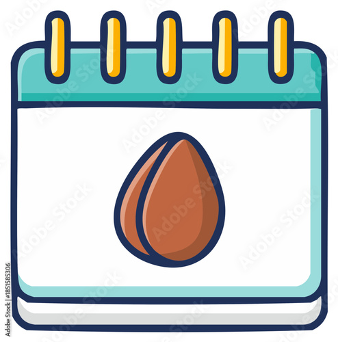 Whimsical vector illustration of a calendar with an almond icon depicting healthy eating or allergy awareness