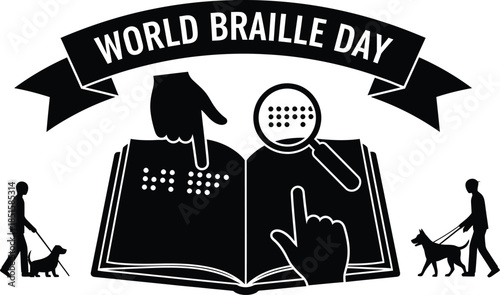 Honoring world braille day celebration with reading accessibility tools and guide dogs for the visually impaired