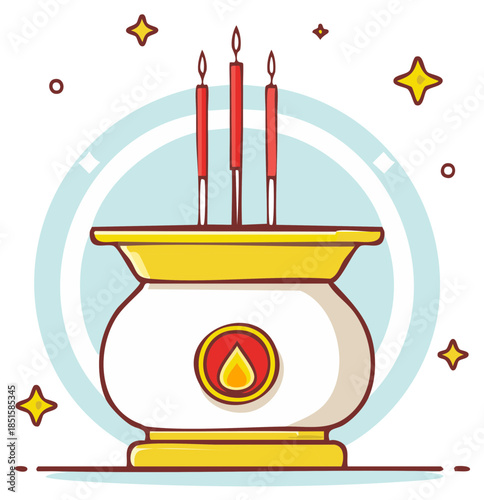 Traditional Asian incense burner with burning joss sticks vector illustration for spiritual ritual