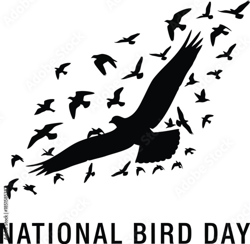 Black silhouette of a large soaring eagle leading a flock of smaller birds against a white background for national bird day celebration