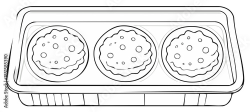 Three round pastries in a rectangular container illustration