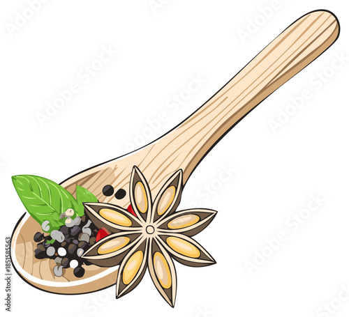 Wooden Spoon with Spices, Basil Leaf, and Anise Star Culinary Illustration