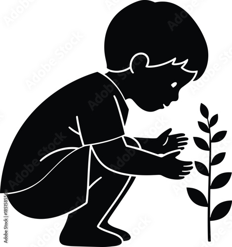 Child with plant silhouette, nature care vector, environmental awareness illustration, black design, growth concept, nurturing moment, botanical education theme