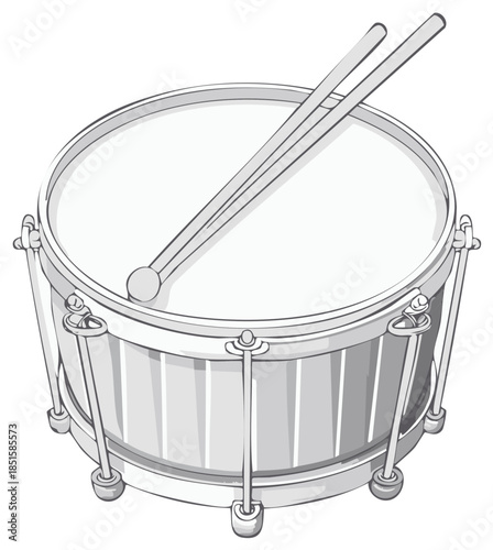 Illustration of a snare drum with drumsticks. Percussion musical instrument, vector style.