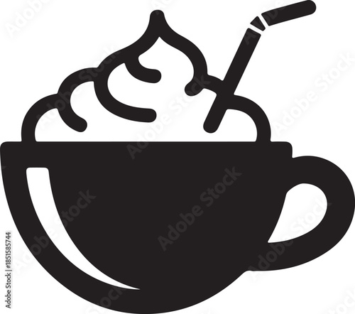 Minimalist black hot chocolate mug with whipped cream silhouette vector icon