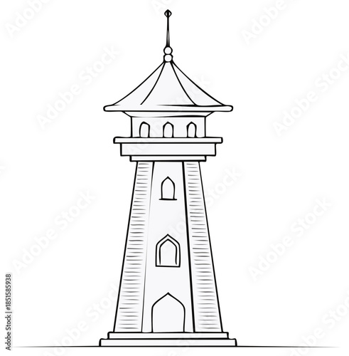 Tower line art illustration architectural design with spire and multiple windows, a blend of traditional and minimalistic style.