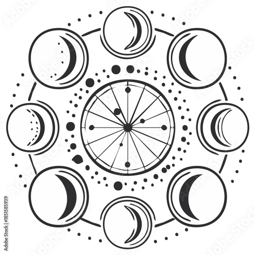 Celestial Lunar Phases and Star Chart Mandala Graphic