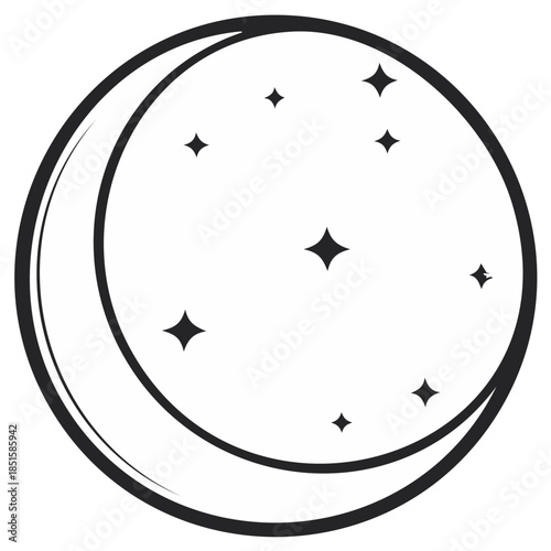 Stylized Crescent Moon with Starbursts Icon Night Sky Celestial Body Simple Graphics