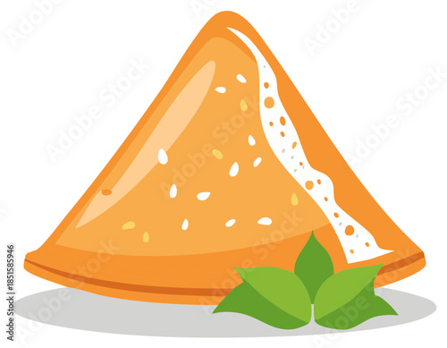 Illustrated triangle-shaped samosa pastry with sauce and green leaves, delicious food.