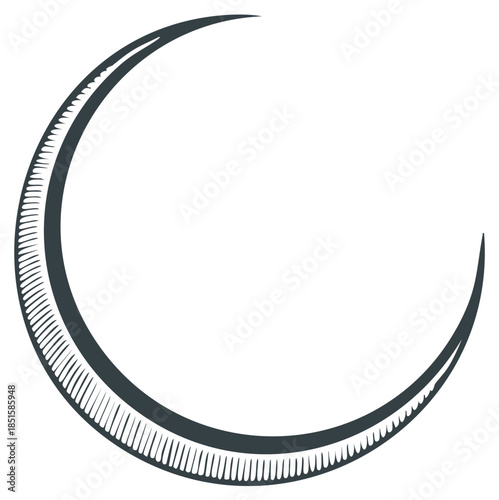 Elegant crescent moon illustration with subtle hatching detail evoking twilight and celestial themes