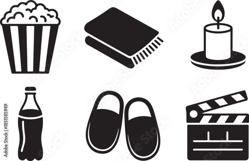 Movie Night Essentials. Movie Comfort silhouette icon set