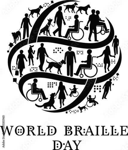 World Braille Day illustration featuring diverse people with disabilities and guide dogs in a circular design