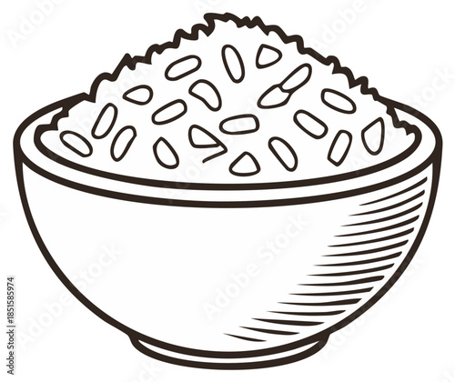 Monochrome illustration of a full serving bowl of staple white rice for a healthy meal