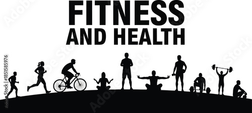 Silhouette graphic showcasing various fitness activities and strong health concepts against a clean white background