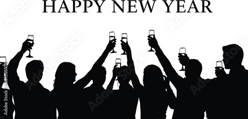 Silhouette of a joyful group raising champagne glasses in celebration for a happy new year toast