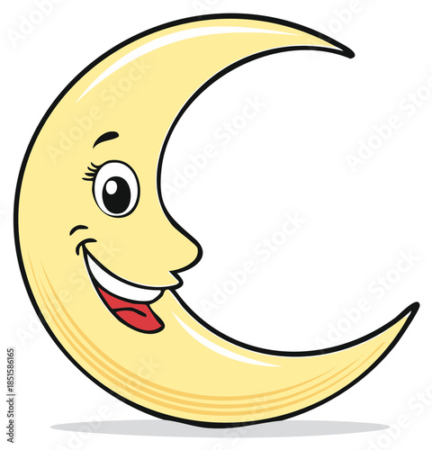 Whimsical yellow crescent moon cartoon character with a happy smiling expression illustration