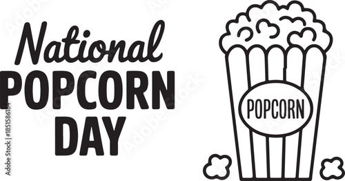 National popcorn day text banner. Handwriting text and popcorn bucket line art continuous. Hand drawn vector art
