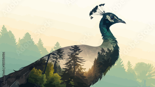 Majestic peacock with forest landscape double exposure effect