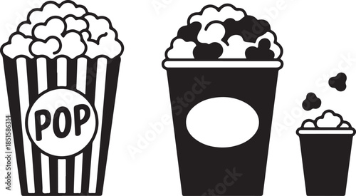 Popcorn bucket silhouette vector set, cinema snack icon collection, movie theater food illustration, striped box popcorn graphic for entertainment festival and film night